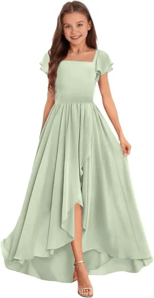 Chiffon Junior Bridesmaid Dress High-Low Long Flower Girl Dress for Wedding Formal Special Occasion Gowns for Kids