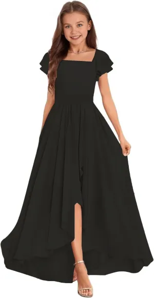Chiffon Junior Bridesmaid Dress High-Low Long Flower Girl Dress for Wedding Formal Special Occasion Gowns for Kids