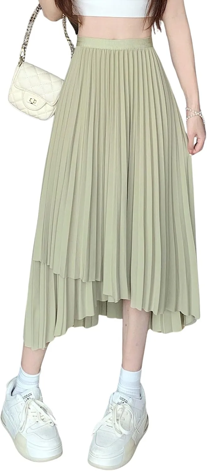chouyatou Women's Asymmetrical Tulip Hem Party Dress Irregular Flowy Swing Accordion Pleated Midi Long Skirt