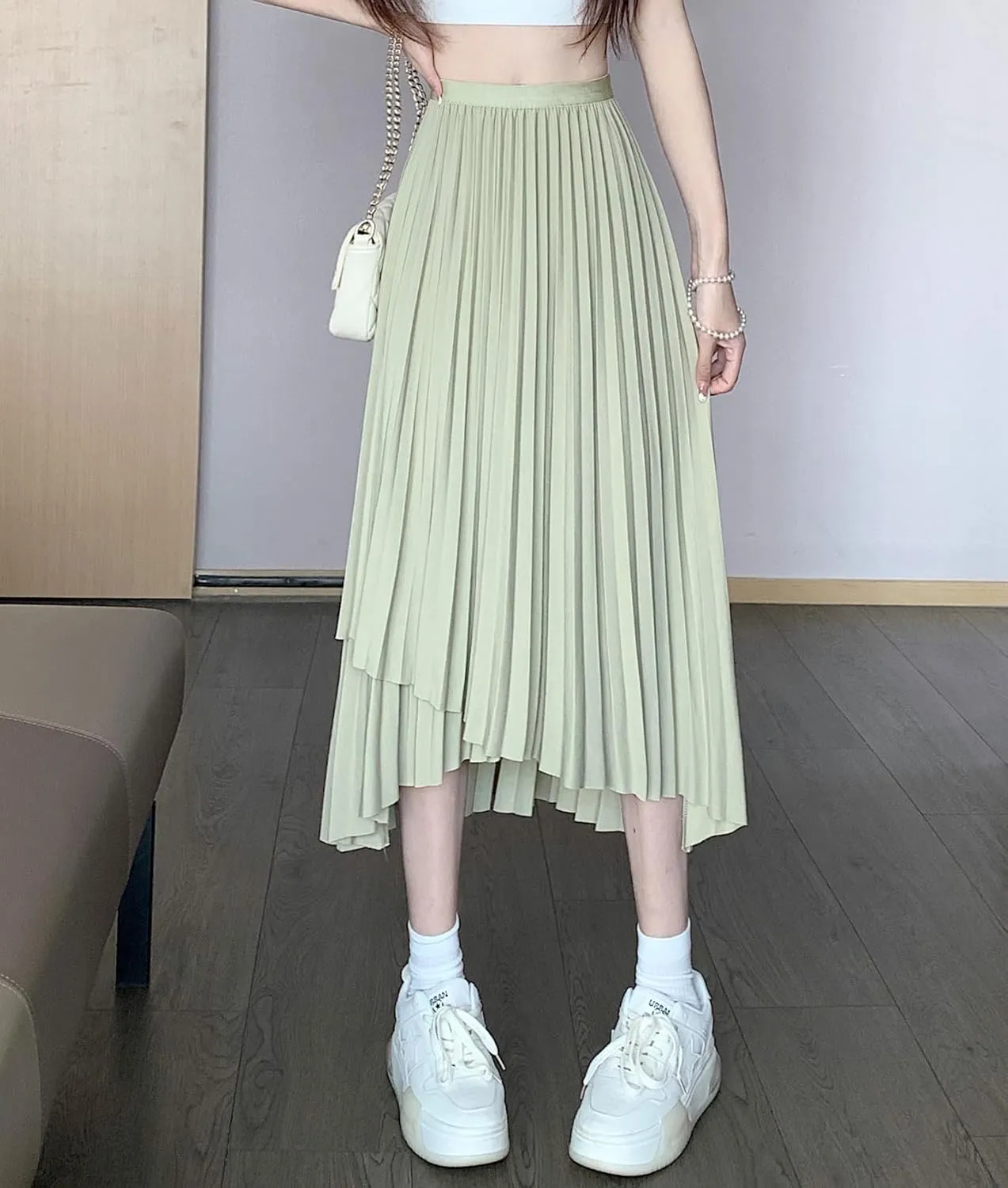 chouyatou Women's Asymmetrical Tulip Hem Party Dress Irregular Flowy Swing Accordion Pleated Midi Long Skirt