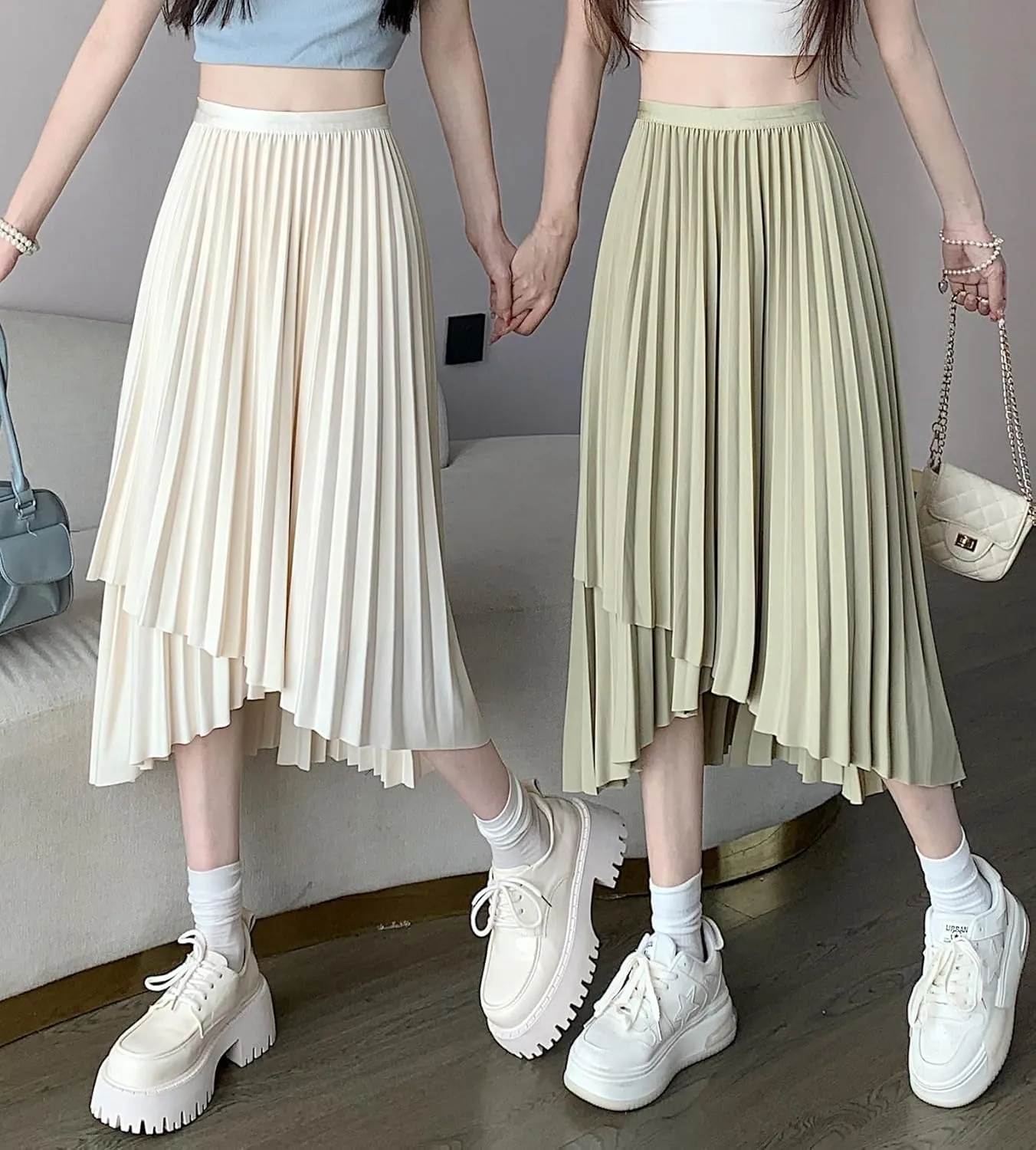 chouyatou Women's Asymmetrical Tulip Hem Party Dress Irregular Flowy Swing Accordion Pleated Midi Long Skirt