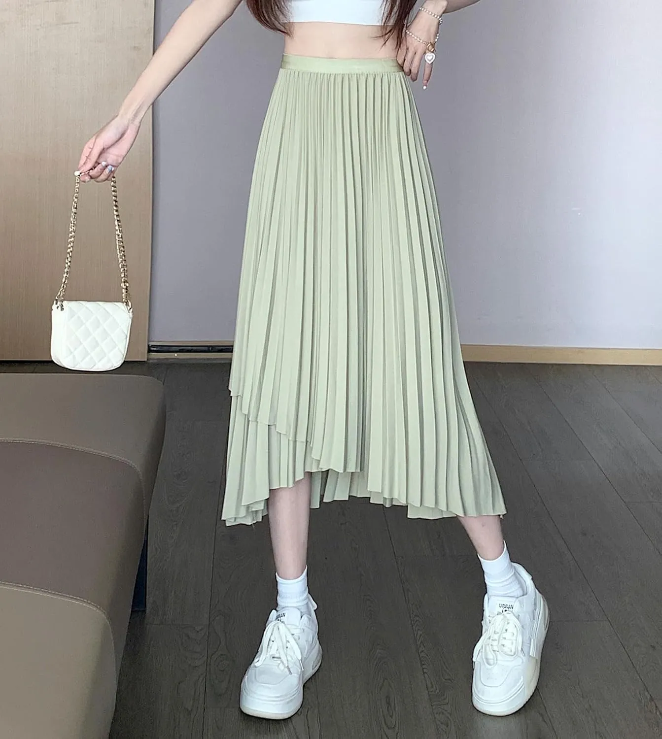 chouyatou Women's Asymmetrical Tulip Hem Party Dress Irregular Flowy Swing Accordion Pleated Midi Long Skirt