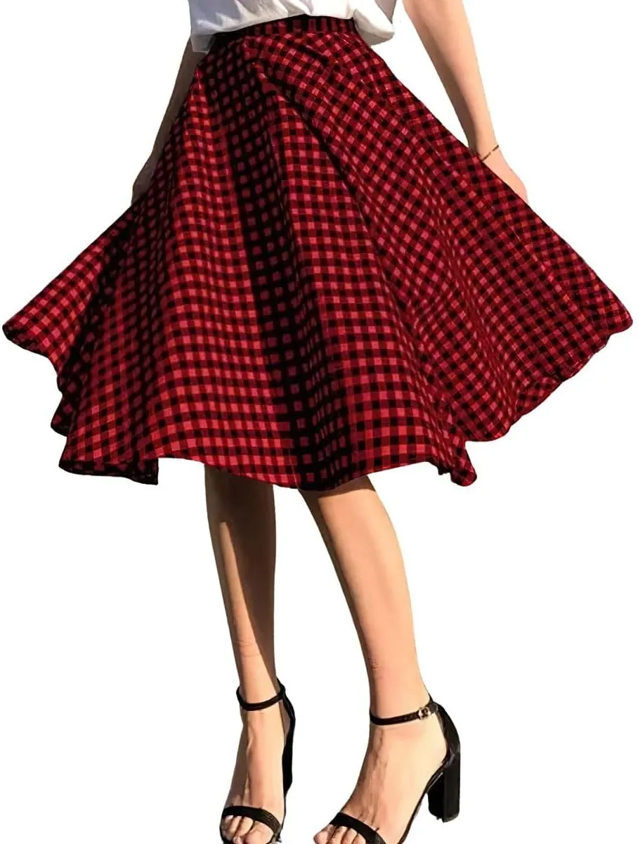 chouyatou Women's Casual Plaid A Line Midi Skirt High Waisted Gingham Skirt Cute Pleated Skater Skirt