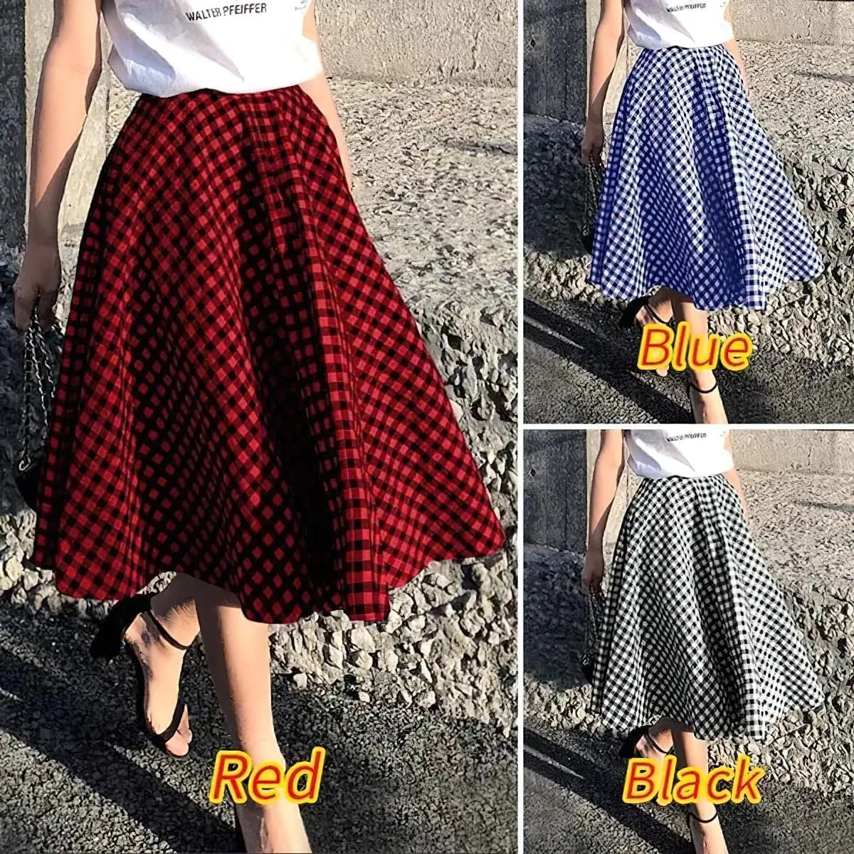 chouyatou Women's Casual Plaid A Line Midi Skirt High Waisted Gingham Skirt Cute Pleated Skater Skirt