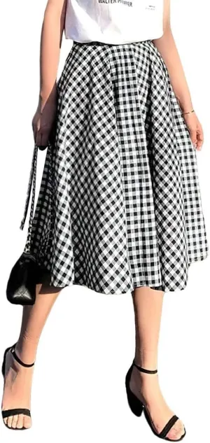 chouyatou Women's Casual Plaid A Line Midi Skirt High Waisted Gingham Skirt Cute Pleated Skater Skirt
