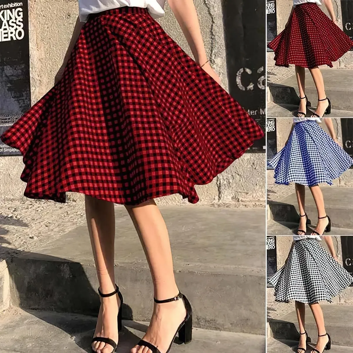 chouyatou Women's Casual Plaid A Line Midi Skirt High Waisted Gingham Skirt Cute Pleated Skater Skirt