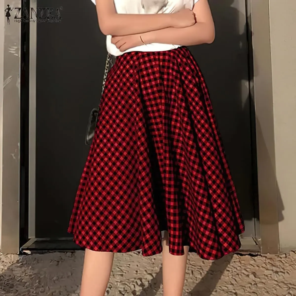chouyatou Women's Casual Plaid A Line Midi Skirt High Waisted Gingham Skirt Cute Pleated Skater Skirt