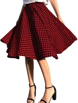 chouyatou Women's Casual Plaid A Line Midi Skirt High Waisted Gingham Skirt Cute Pleated Skater Skirt