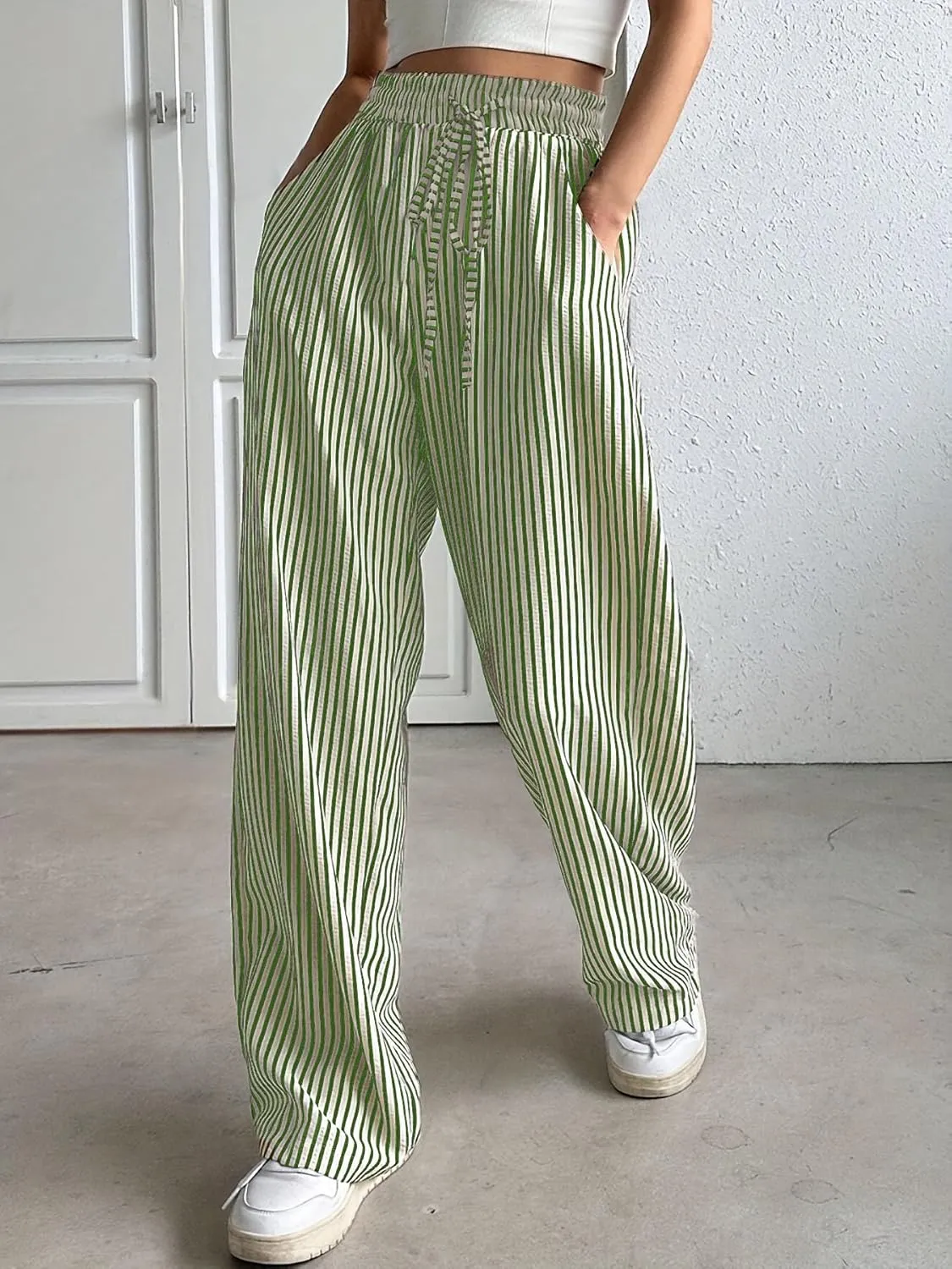 chouyatou Women's Casual Striped Wide Leg Pants Drawstring Elastic Waist Dress Palazzo Pants with Pockets