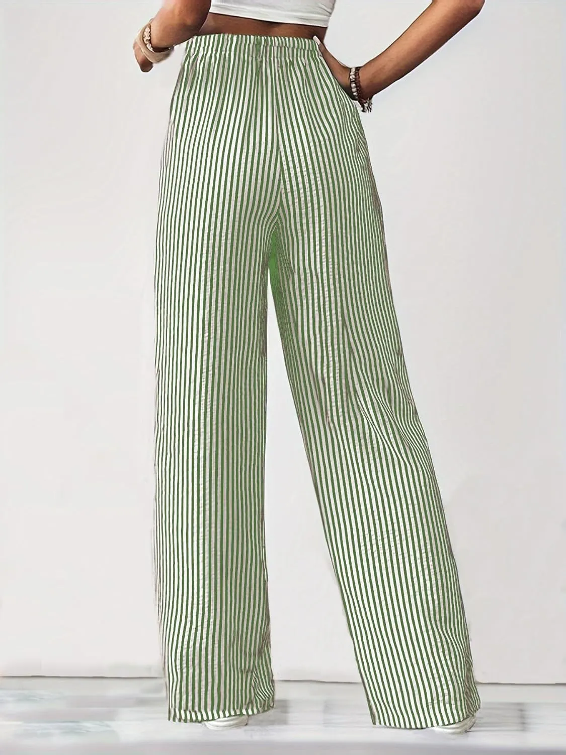 chouyatou Women's Casual Striped Wide Leg Pants Drawstring Elastic Waist Dress Palazzo Pants with Pockets