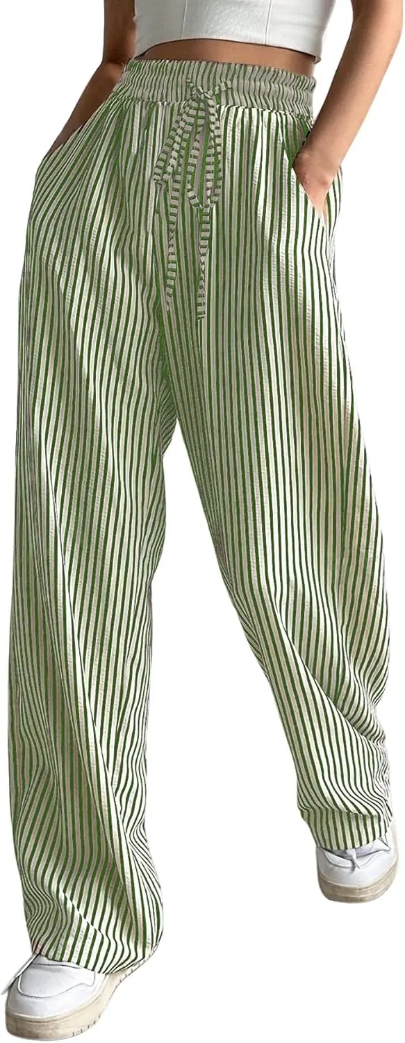 chouyatou Women's Casual Striped Wide Leg Pants Drawstring Elastic Waist Dress Palazzo Pants with Pockets