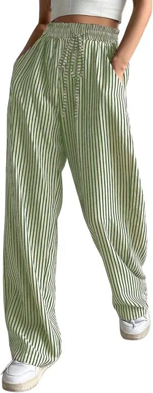 chouyatou Women's Casual Striped Wide Leg Pants Drawstring Elastic Waist Dress Palazzo Pants with Pockets