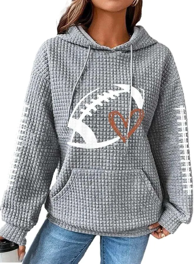 Chvity Women's Pullover Sweatshirt Drawstring Rugby Printed Waffle Hoodie Long Sleeve Tops with Pocket