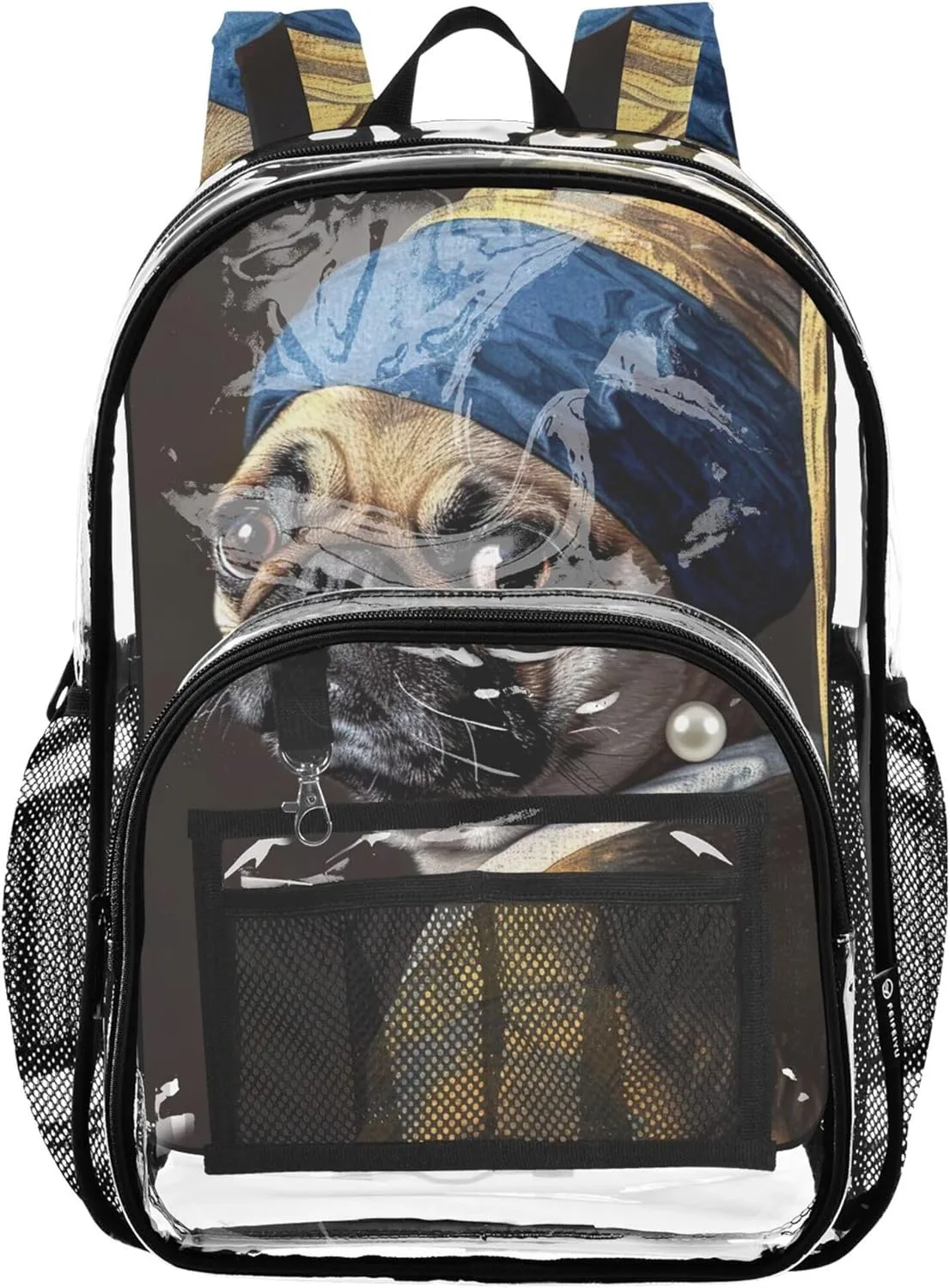Clear Backpack Women Cute Boys Backpacks for Girls Pvc School Plastic Bookbag Funny Pug Dog with Pearl Earring