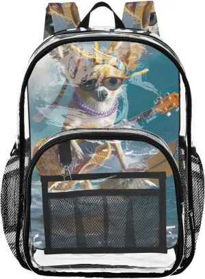 Clear Backpack Women Cute Girls Backpack for Kids Pvc School Plastic Bookbag Funny Chihuahua Dog Surfing
