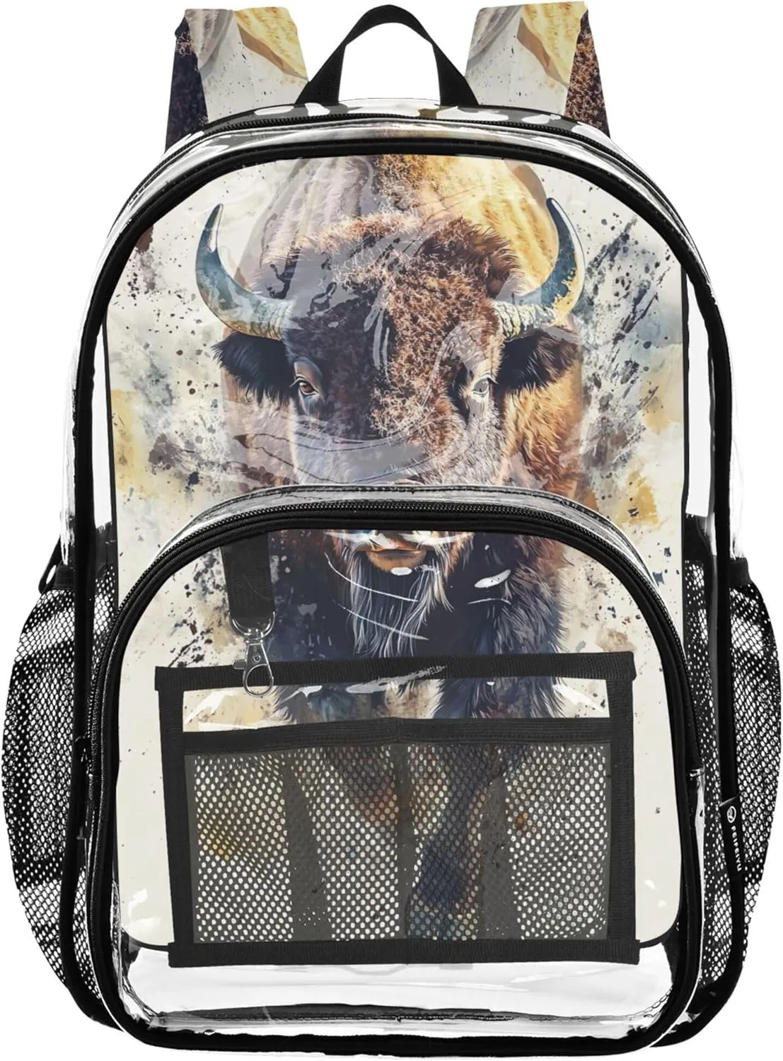 Clear Backpack Women Cute Kids Backpack for Girls Plastic See through Bookbag Bison Watercolor Animal