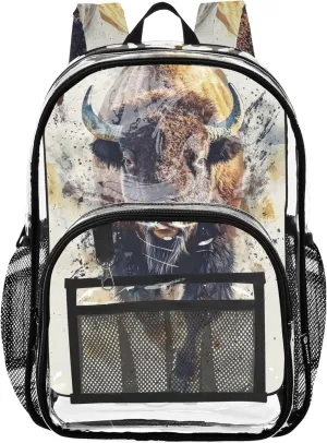 Clear Backpack Women Cute Kids Backpack for Girls Plastic See through Bookbag Bison Watercolor Animal