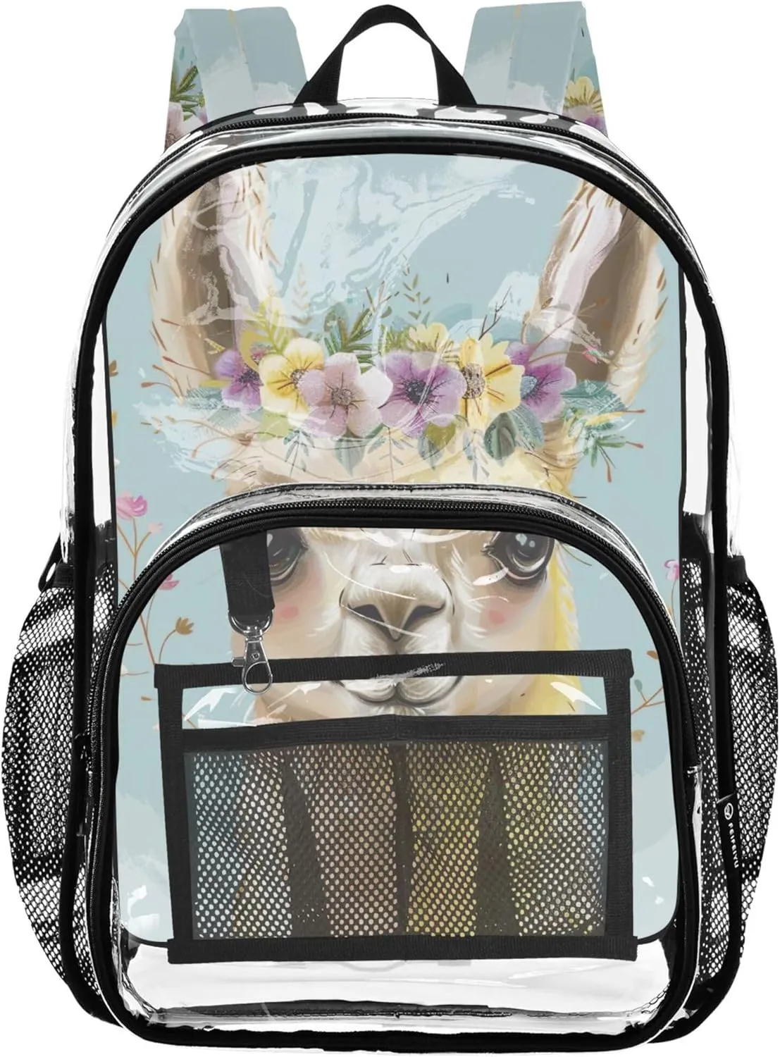 Clear Bag for Women Travel Cute Llama Flowers Kids Backpack Boys Girls Large Plastic Approved Bag