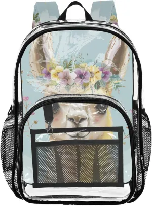 Clear Bag for Women Travel Cute Llama Flowers Kids Backpack Boys Girls Large Plastic Approved Bag