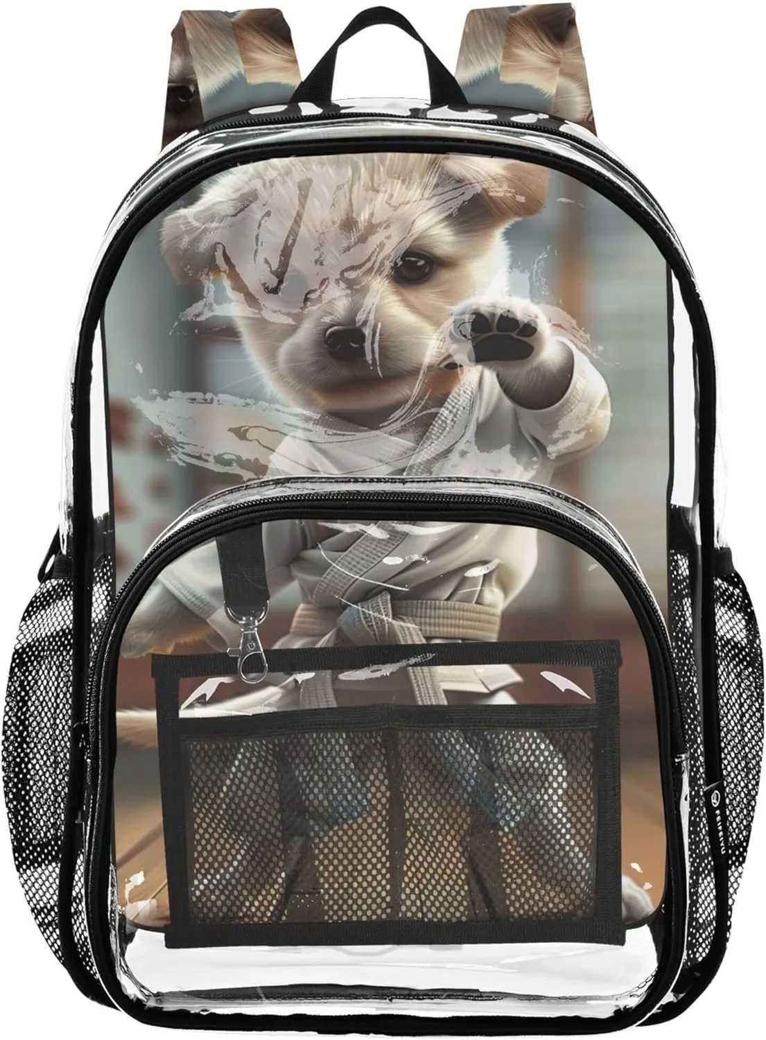 Clear Bag for Women Travel Girls Backpack Kids Boys Plastic School Clear Bookbag Cute Dog Karate Pose