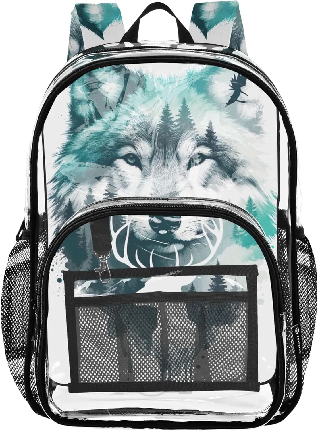 Clear Bag for Women Travel Kids Backpack for Girls See through Approved Bag Wolf Deer Watercolor Teal