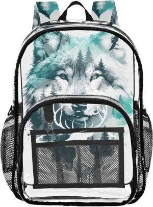 Clear Bag for Women Travel Kids Backpack for Girls See through Approved Bag Wolf Deer Watercolor Teal