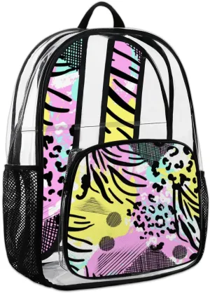 Colorful Artistic Animal Print Clear Backpack Heavy Duty Transparent Bookbag Clear Back Pack See Through Plastic Book Bag for Work,Security,Stadium,Travel,Festival,College