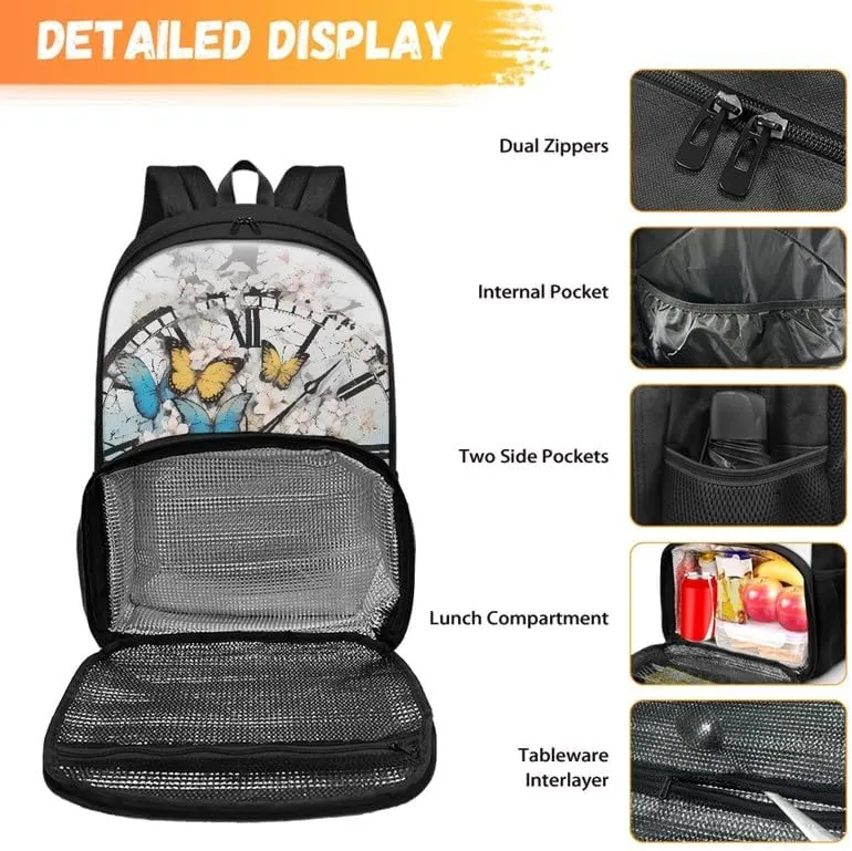 Colorful Butterfly Floral Print College School Lunch Box Bag Retro Clock Yellow Blue Butterflies 17 In College Backpack for Weekender Business Hiking Holiday