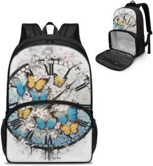 Colorful Butterfly Floral Print College School Lunch Box Bag Retro Clock Yellow Blue Butterflies 17 In College Backpack for Weekender Business Hiking Holiday