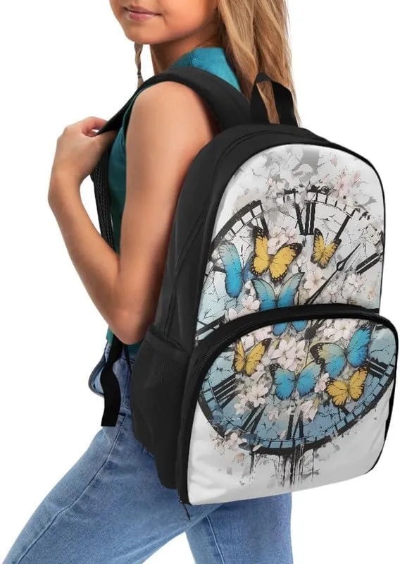 Colorful Butterfly Floral Print College School Lunch Box Bag Retro Clock Yellow Blue Butterflies 17 In College Backpack for Weekender Business Hiking Holiday