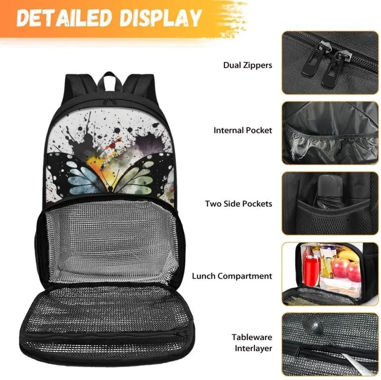 Colorful Butterfly Print Insulated Lunchbox Backpack Cute Black Butterflies Pattern Lightweight Laptop Backpack for Sports, Travel, Business or College