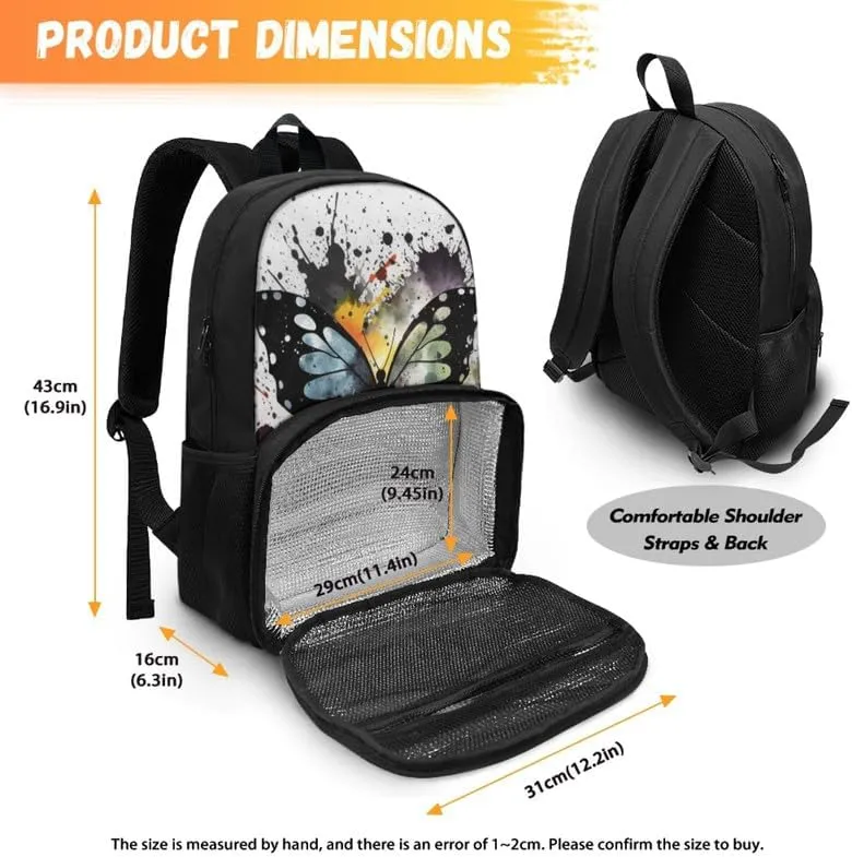 Colorful Butterfly Print Insulated Lunchbox Backpack Cute Black Butterflies Pattern Lightweight Laptop Backpack for Sports, Travel, Business or College