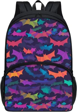 Colorful Silhouetted Bat Backpack Boys Girls Back to School Abstract Origami Style Satchel Elementary High School Bags Water Bottle Holder Rucksack Teens