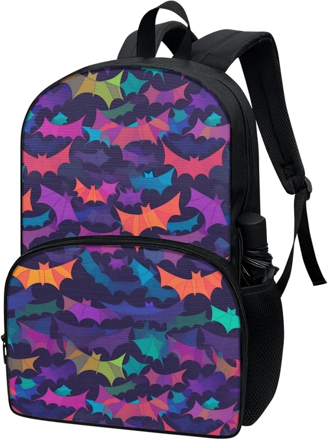 Colorful Silhouetted Bat Backpack Boys Girls Back to School Abstract Origami Style Satchel Elementary High School Bags Water Bottle Holder Rucksack Teens