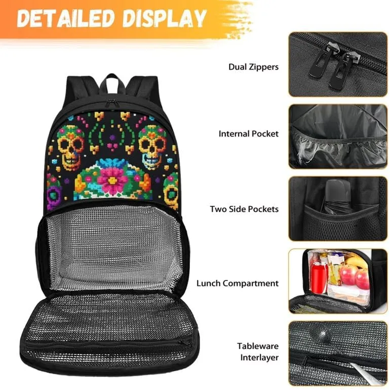 Colorful Skull Floral Pattern Carry On Backpack and Lunch Bag Lady Halloween Pixel Skeleton Flower Print Insulated Cooler Backpack 2 in 1 Casual Backpack