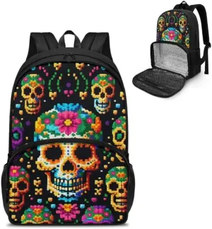 Colorful Skull Floral Pattern Carry On Backpack and Lunch Bag Lady Halloween Pixel Skeleton Flower Print Insulated Cooler Backpack 2 in 1 Casual Backpack