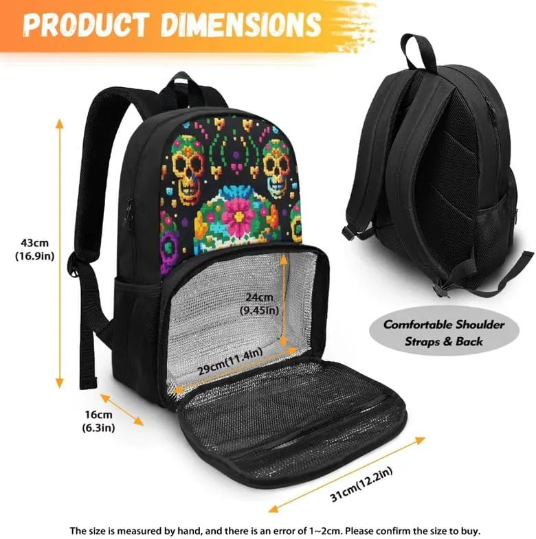 Colorful Skull Floral Pattern Carry On Backpack and Lunch Bag Lady Halloween Pixel Skeleton Flower Print Insulated Cooler Backpack 2 in 1 Casual Backpack