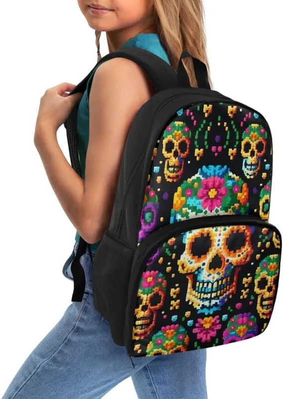 Colorful Skull Floral Pattern Carry On Backpack and Lunch Bag Lady Halloween Pixel Skeleton Flower Print Insulated Cooler Backpack 2 in 1 Casual Backpack