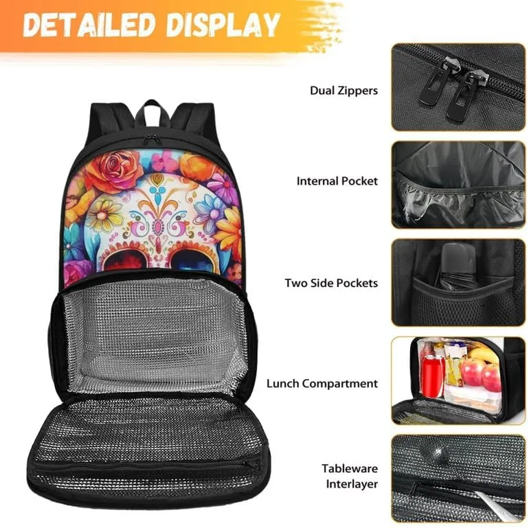 Colorful Skull Floral Print Large Travel Backpack for Women Men Cartoon Skeleton Flower Pattern 17 Inch Insulated Cooler Backpack Adult Lunch Box Bookbag