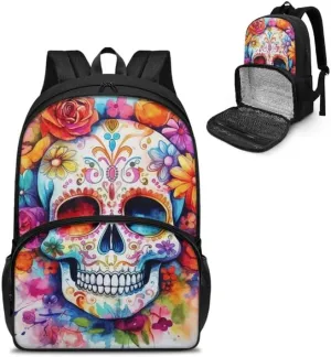 Colorful Skull Floral Print Large Travel Backpack for Women Men Cartoon Skeleton Flower Pattern 17 Inch Insulated Cooler Backpack Adult Lunch Box Bookbag