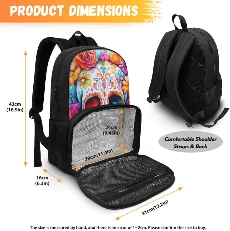 Colorful Skull Floral Print Large Travel Backpack for Women Men Cartoon Skeleton Flower Pattern 17 Inch Insulated Cooler Backpack Adult Lunch Box Bookbag