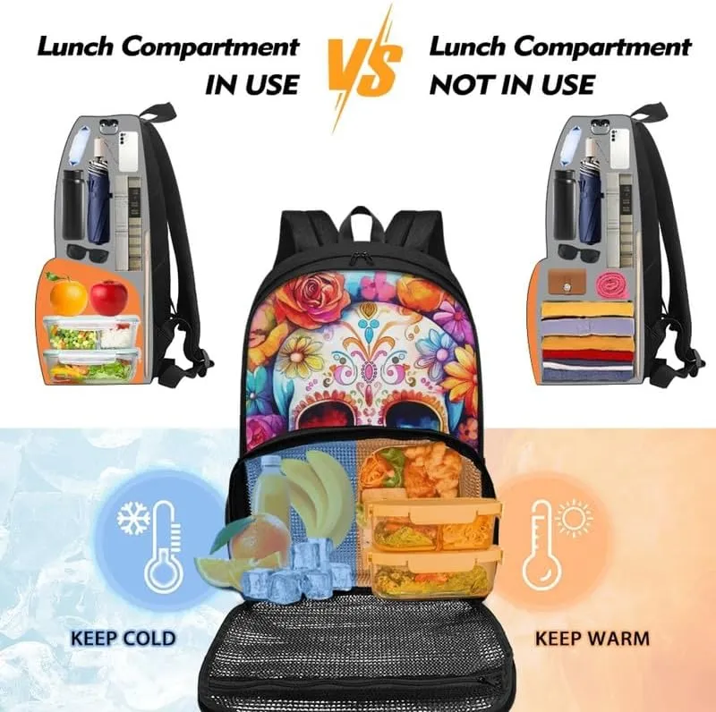 Colorful Skull Floral Print Large Travel Backpack for Women Men Cartoon Skeleton Flower Pattern 17 Inch Insulated Cooler Backpack Adult Lunch Box Bookbag