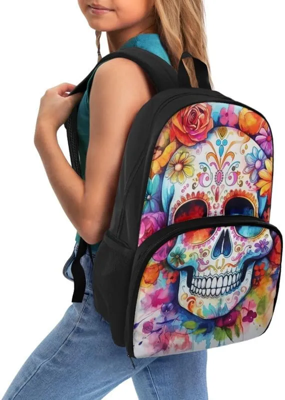 Colorful Skull Floral Print Large Travel Backpack for Women Men Cartoon Skeleton Flower Pattern 17 Inch Insulated Cooler Backpack Adult Lunch Box Bookbag