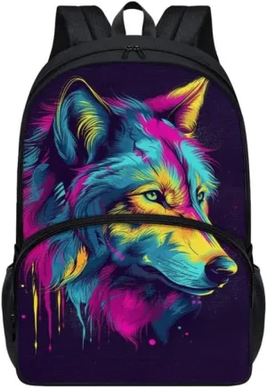Colorful Wolf Print Classic Bag School Bookbag Forest Animal Wolves Splash High-Capacity Bags Backpack for Men Women Boys Girl for Teens College, Casual Work Bags, Black