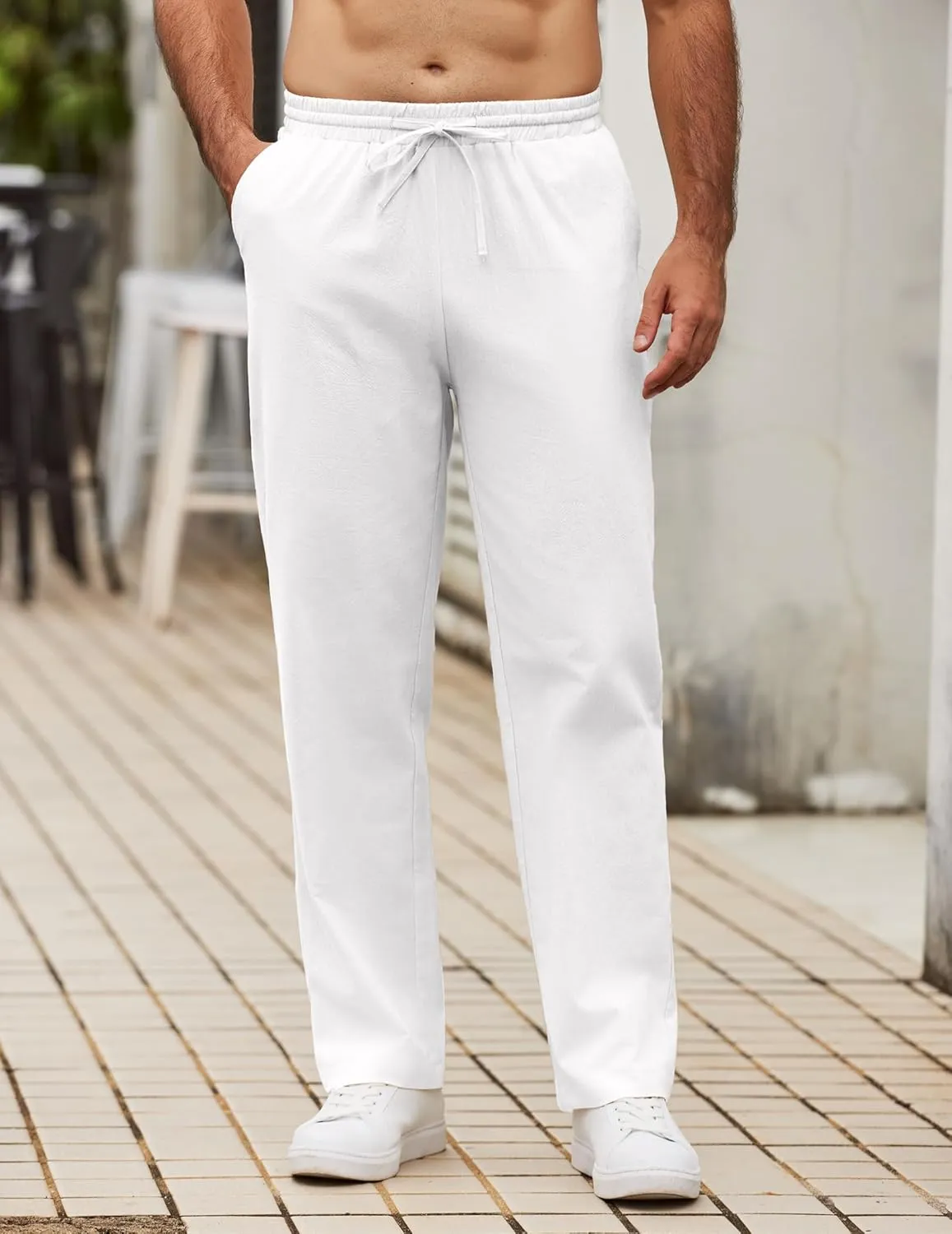 COOFANDY Men's Casual Cotton Pants Elastic Waist Drawstring Linen Beach Summer Pants Lightweight Yoga Trousers