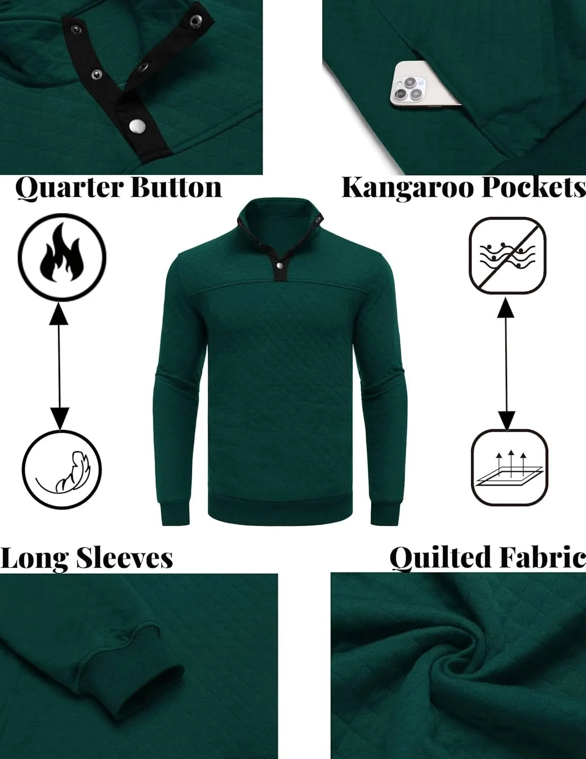 COOFANDY Mens Quarter Sweatshirt Quilted Long Sleeve Mock Neck Active Sweater Waffle Pullover Polo Shirts With Pockets