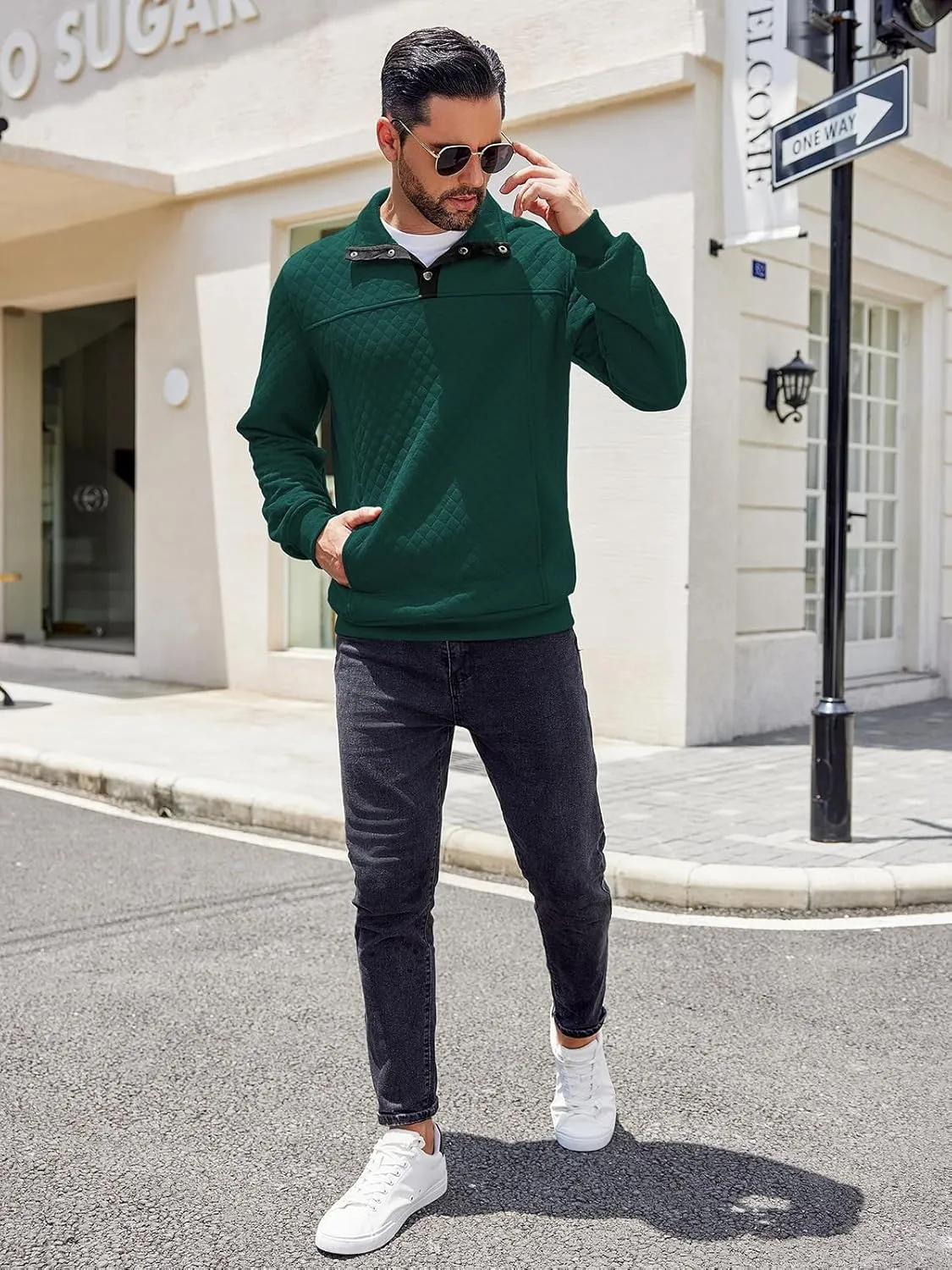 COOFANDY Mens Quarter Sweatshirt Quilted Long Sleeve Mock Neck Active Sweater Waffle Pullover Polo Shirts With Pockets