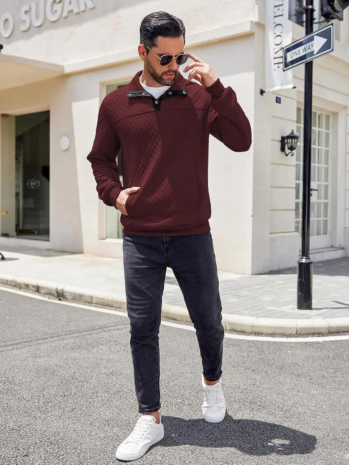 COOFANDY Mens Quarter Sweatshirt Quilted Long Sleeve Mock Neck Active Sweater Waffle Pullover Polo Shirts With Pockets