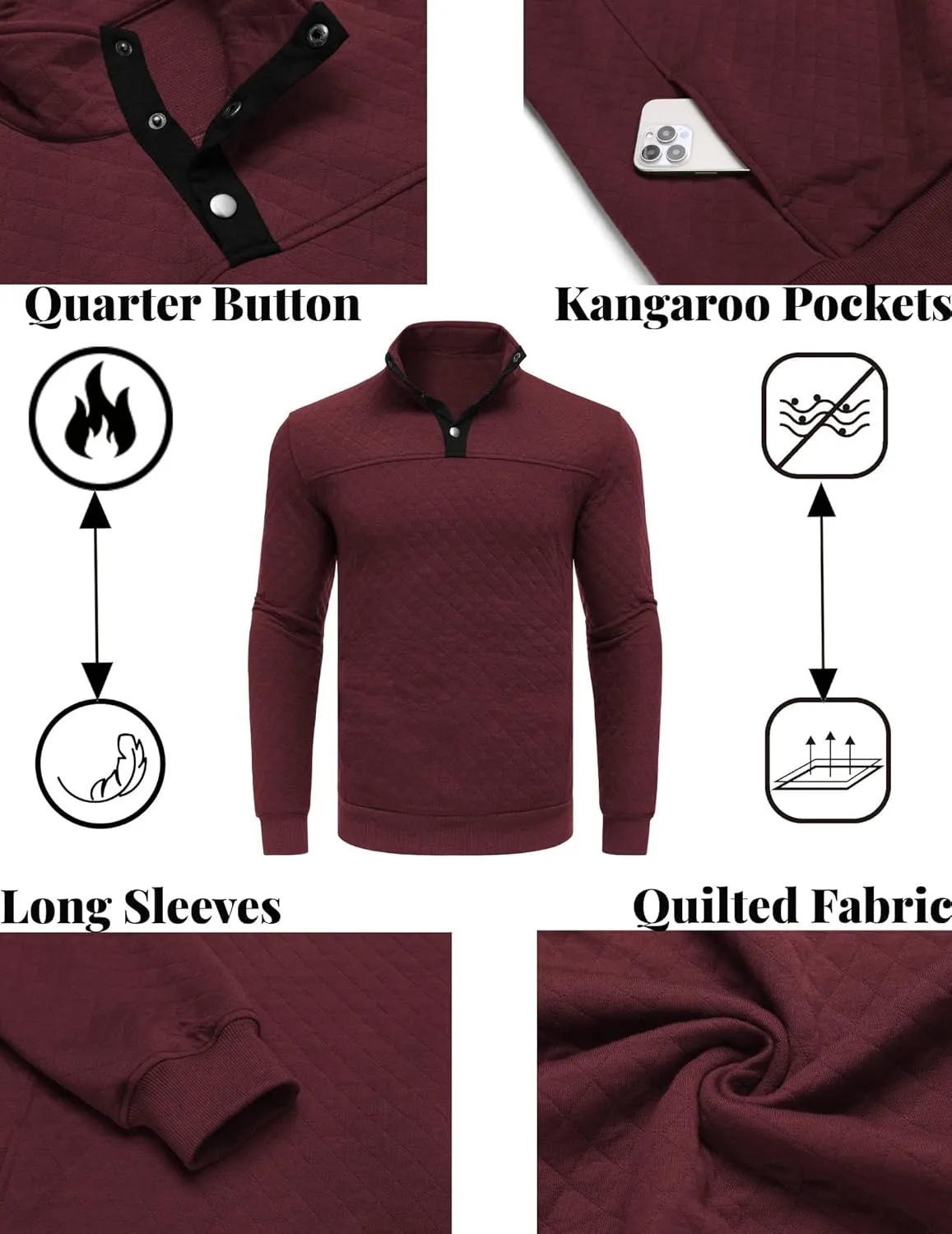COOFANDY Mens Quarter Sweatshirt Quilted Long Sleeve Mock Neck Active Sweater Waffle Pullover Polo Shirts With Pockets