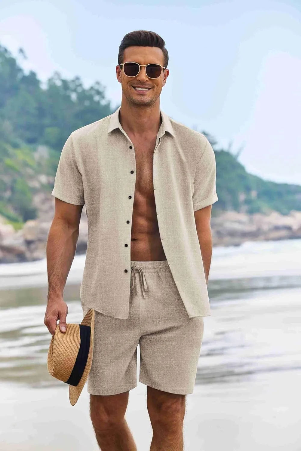 COOFANDY Men's Summer Beach Outfits 2 Piece Short Sleeve Shirts and Shorts Vacation Texture Linen Sets for Men